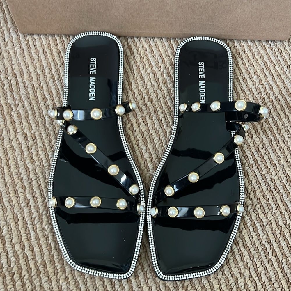 New Steve Madden Women's Studded Pearl Embellished Slide-On Flat Sandals 10